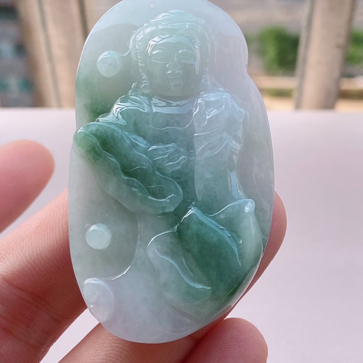 包A货水润双彩飘蓝花纯手工雕刻如意观音挂件带颈饰吊坠翡翠玉坠