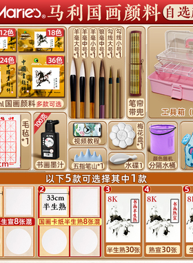 马利国画颜料中国画初学者套装马利牌水墨画毛笔用品工具全套玛丽24色12ml大容量儿童入门材料写意工笔画染料