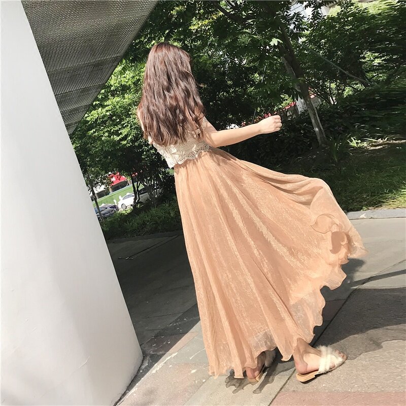 珠光柔软纱质度假仙女裙a字大摆