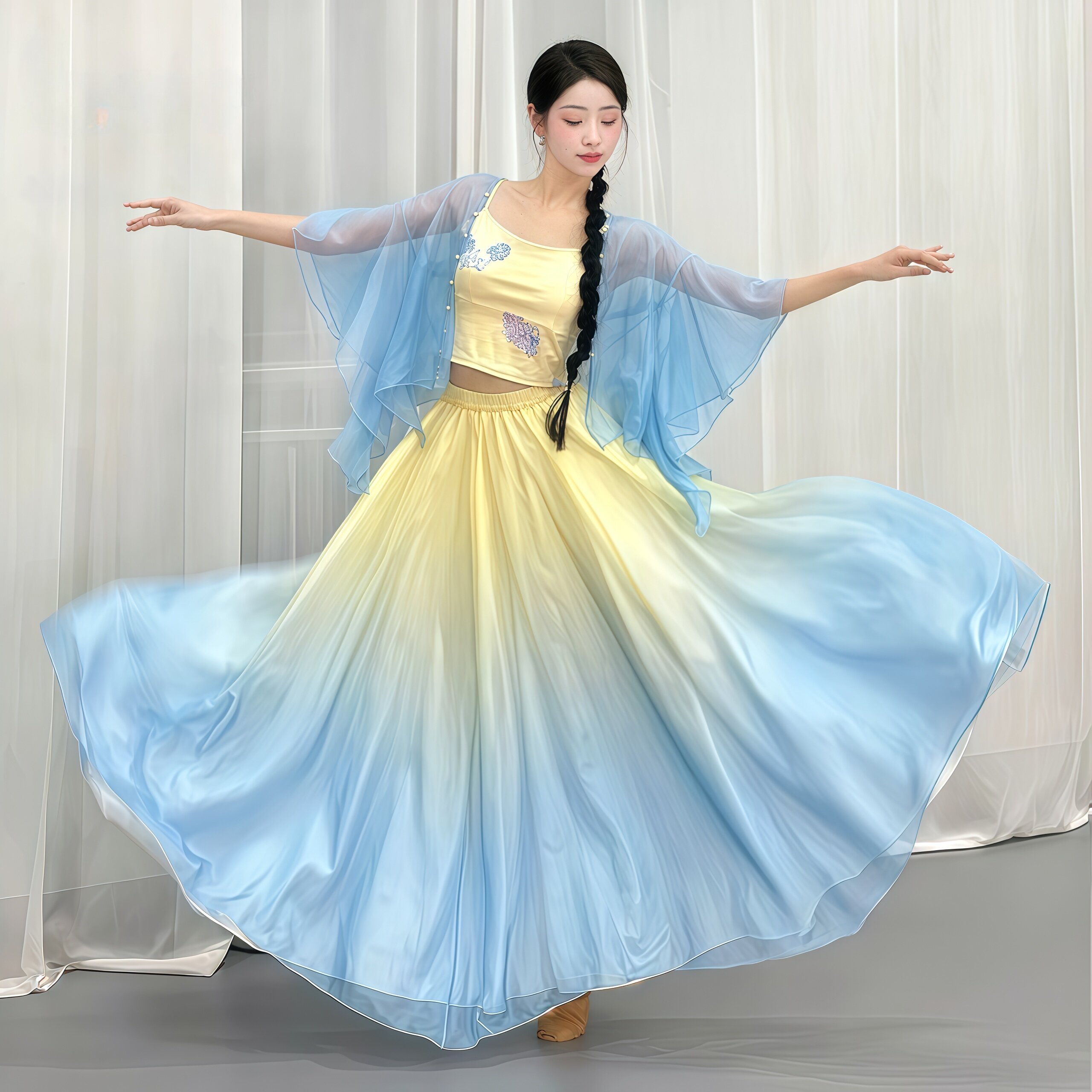 古典舞练功服飘逸舞蹈演出服开衫上衣喇叭袖渐变裤裙舞蹈服古典舞