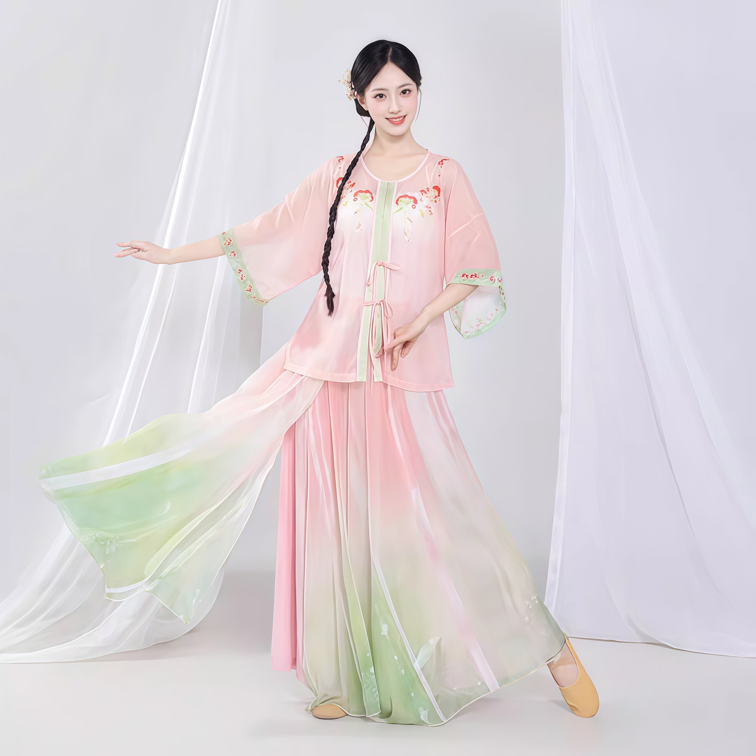 新款古典舞蹈服古风汉服中式印花开衫飘逸裙裤 古风节目演出服