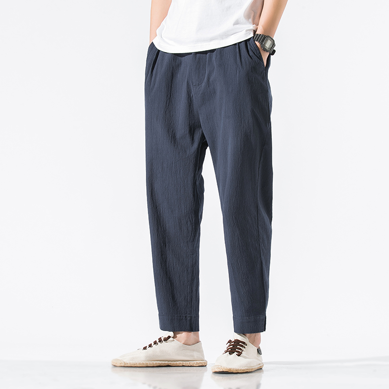 棉麻休闲长裤男青年松紧腰门禁拉链直筒裤大码潮牌九分裤8011-P55，男装休闲裤，电商A016