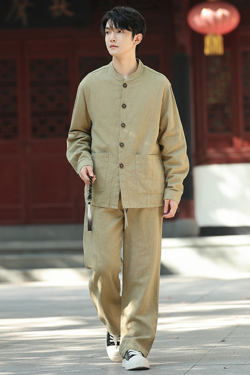 风男装外套盘扣唐装夹克棉麻纯色衬衫直筒裤套装TZ1176-P165，男装夹克，电商A016