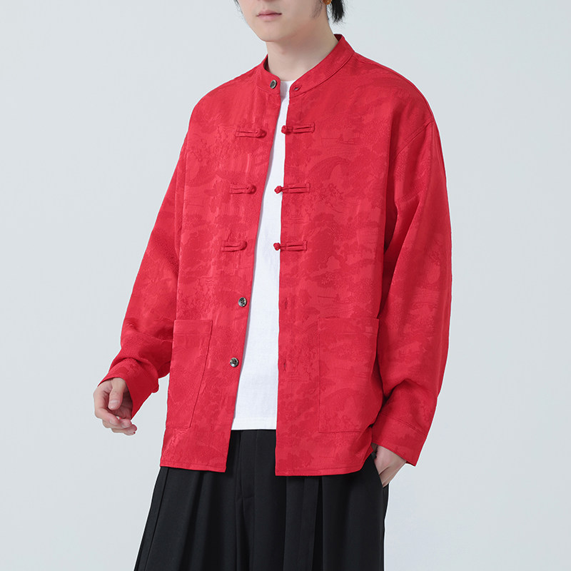 2025秋冬新款夹克红复古唐装汉服中式外套男长袖衬衫1197-P98,男装夹克,电商A016