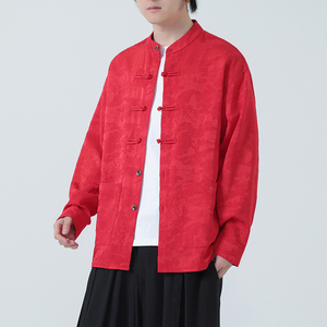 2025秋冬新款夹克红复古唐装汉服中式外套男长袖衬衫1197-P98图片