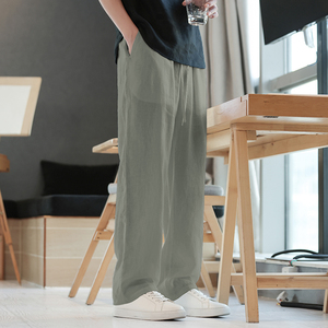 100纯亚麻裤风夏季薄款休闲裤男长裤新加灰绿色裤子8018-P100图片