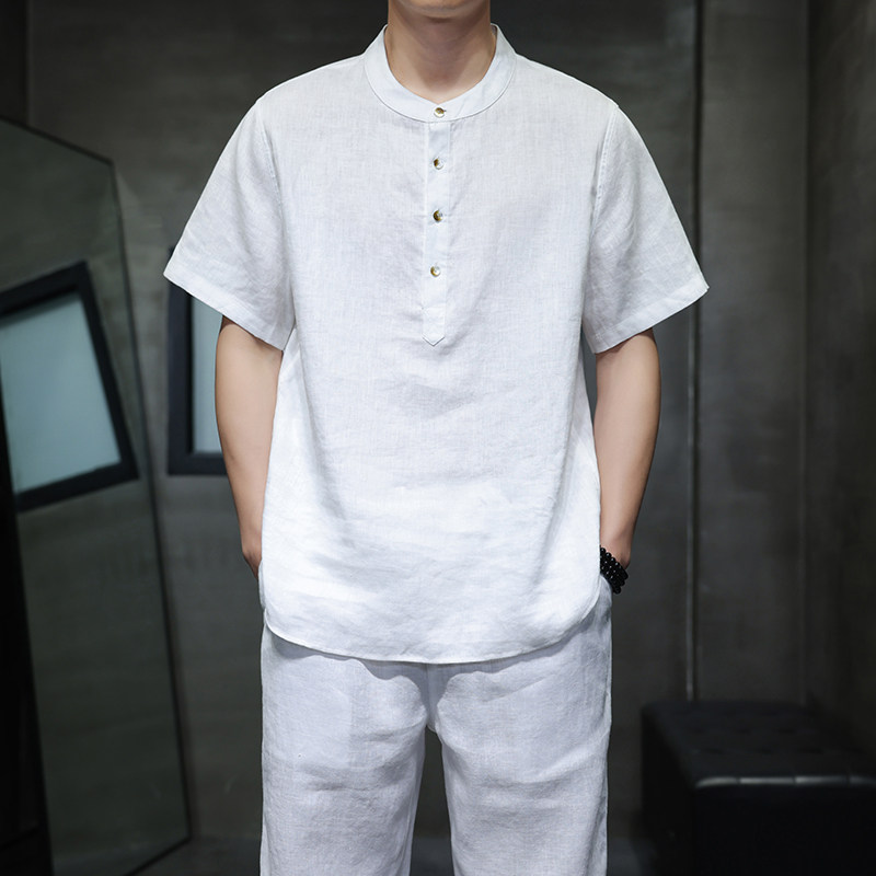 天丝亚麻短袖T恤夏季薄款男士五分袖衬衫风圆领套头衫1209p85,男装T恤,电商A016