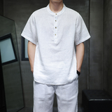 天丝亚麻短袖T恤夏季薄款男士五分袖衬衫风圆领套头衫1209p85，男装T恤，电商A016