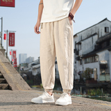 风休闲裤2025男春夏款亚麻裤工装裤纯色束脚九分裤子8230-P80，男装工装外套，电商A016