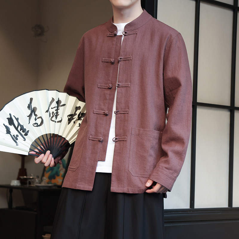 风亚麻外套2025春汉服棉麻夹克新中式立领长袖衬衫男1180-P95,男装夹克,电商A016
