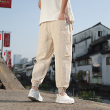 休闲裤2025男春夏亚麻裤风工装裤纯色棉麻束脚九分裤8230-P80，男装工装外套，电商A016