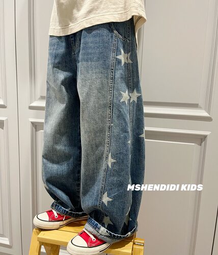 Jennie Kids复古牛仔裤男女童春秋新款宽松休闲星星百搭牛仔裤