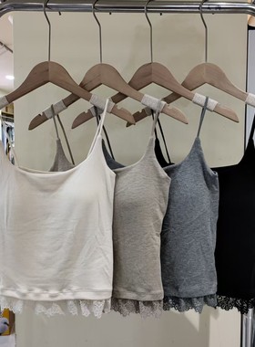 新款蕾丝拼接细带美背吊带背心女固定杯方领内搭外穿打底上衣8083
