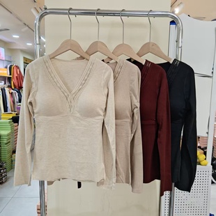 秋冬女士蕾丝V领磨毛保暖内衣无痕固定杯免穿文胸长袖 5590 打底衫