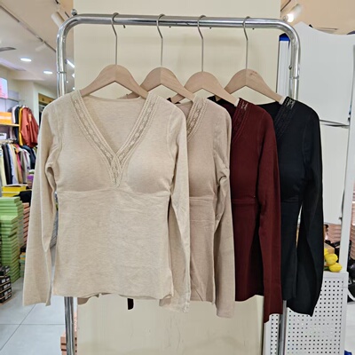 女士蕾丝V领磨毛保暖内衣打底衫