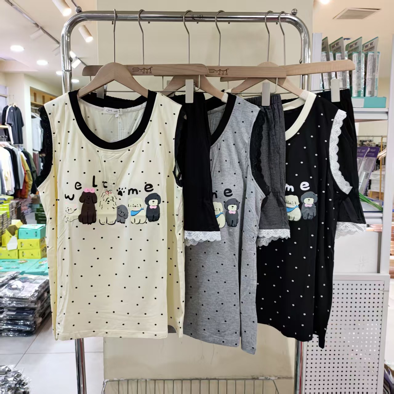 新款女士带胸垫睡衣套装宽松舒适休闲家居服可外穿背心短裤夏5052