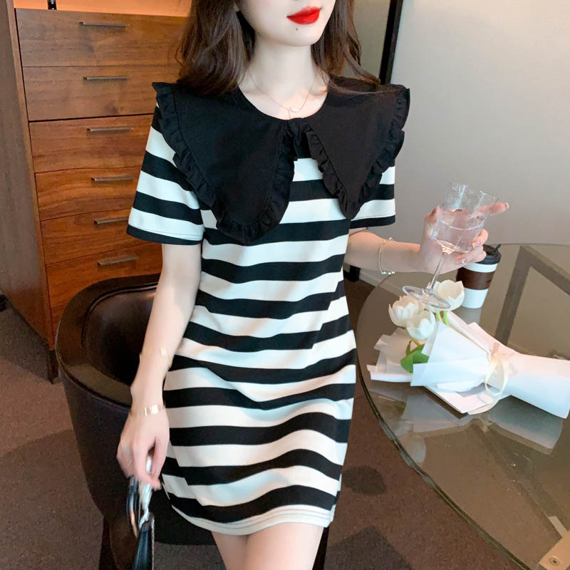 法式娃娃领条纹连衣裙女装2024夏季新款韩版宽松显瘦中长款T恤裙