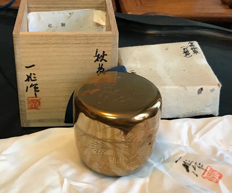 日本茶道具轮岛涂漆器大师一后一兆作内银地外金莳絵花卉茶枣