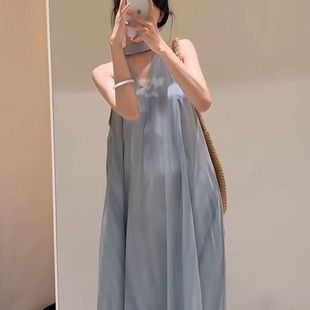 韩系甜美挂脖V领连衣裙女2025夏季 夏日绝美裙子 新款 今年流行爆款