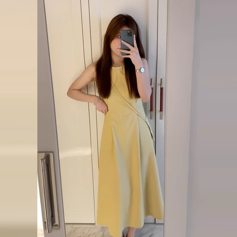 【隐形拉链＋小背包】清纯温柔黄色连衣裙女夏圆领收腰显瘦a字背