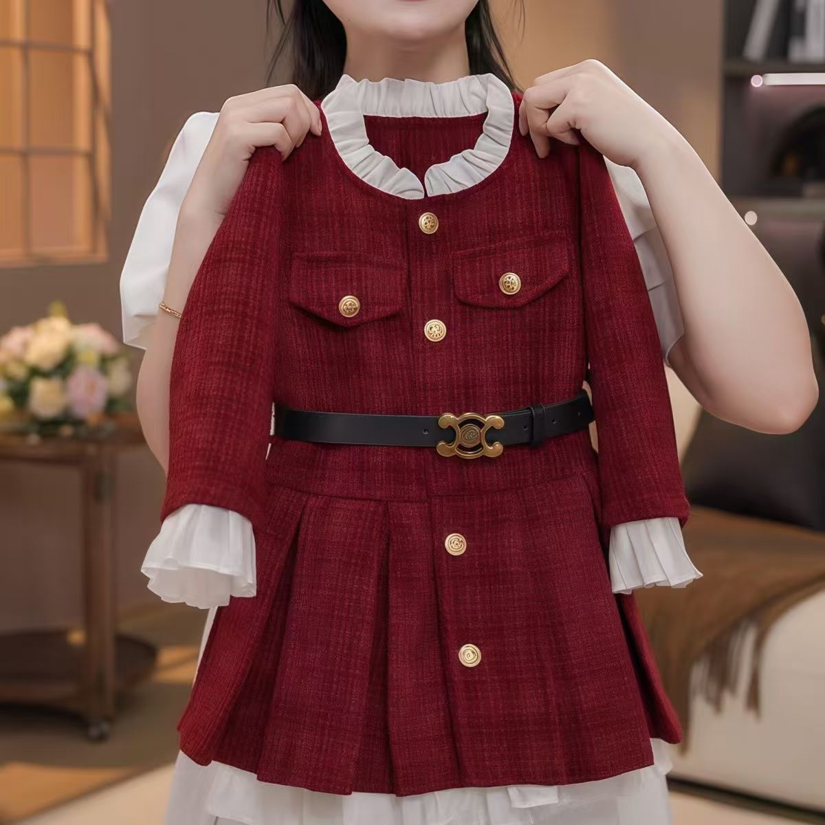 女童长袖百褶连衣裙外套2025秋冬季加绒洋气时尚花边领红色过年