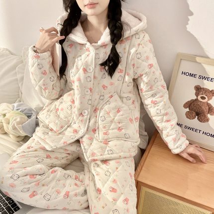 秋冬季天孕妇产后三层夹棉加绒加厚女套装月子服珊瑚绒睡衣