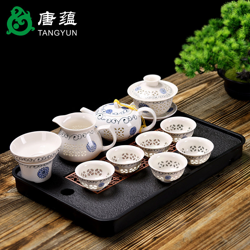 玲珑镂空蜂窝茶具套装乌金石茶盘家用白陶瓷盖碗茶壶泡茶功夫茶杯