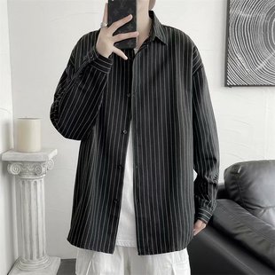 港风日系长袖 春秋季 宽松翻领开衫 条纹衬衫 上衣服潮 男ins痞帅韩版