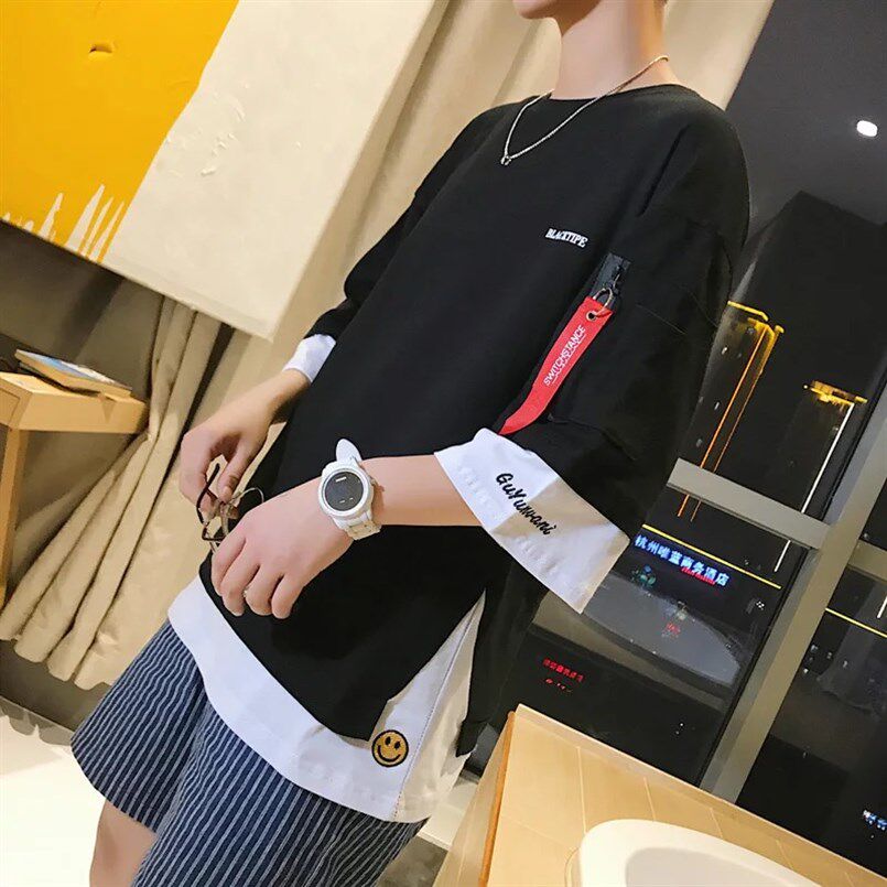 假两件五分袖男士港风宽松t恤