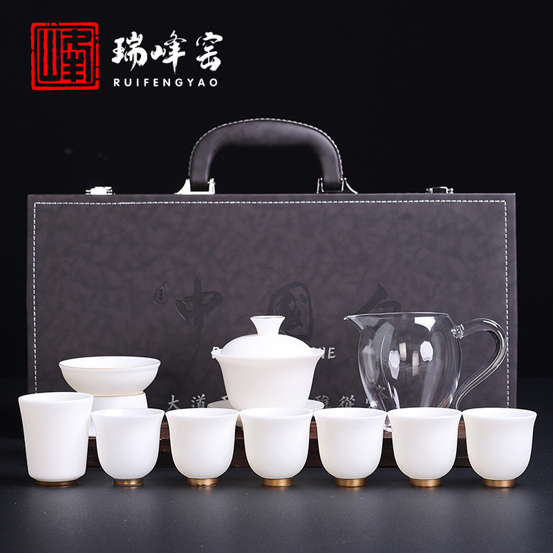 万品香羊脂玉白瓷茶具套装家用德化盖碗客厅办公茶杯陶瓷泡茶小型
