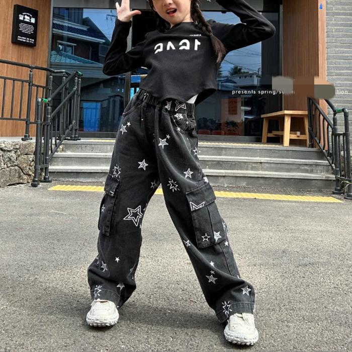 2025新款春秋童装女孩长裤牛仔裤宽松潮休闲运动中大童潮714041