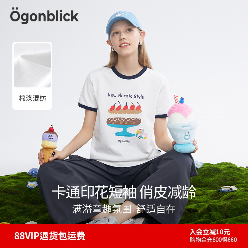 商场同款北欧时刻25夏季新款卡通印花T恤女百搭简约撞色圆领上衣