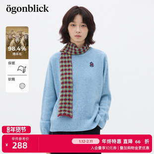 商场同款北欧时刻纯羊毛小猫刺绣蓝色针织衫女25秋冬新款百搭毛衣