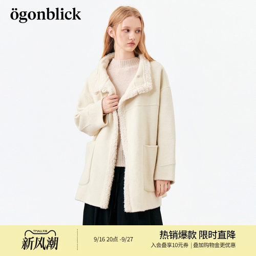 北欧时刻毛绒拼接翻领双面呢外套女26年冬季新款中长款绵羊毛大衣