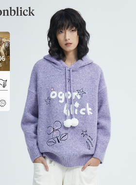 北欧时刻2026年春秋季新款刺绣连帽紫色针织衫毛衣女软糯慵懒上衣