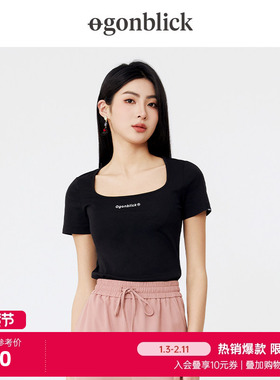 北欧时刻黑色短款方领短袖OU-t恤女高腰紧身修身2026夏季新款上衣