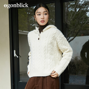 北欧时刻慵懒风麻花连帽厚毛衣女春季新款外套杏色套头针织衫上衣