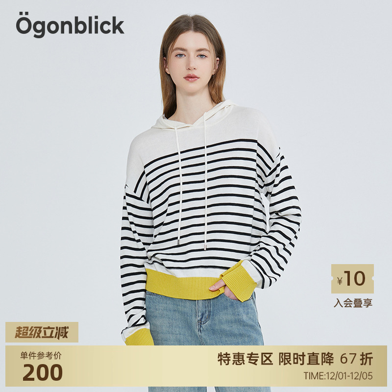 [商场同款]北欧时刻条纹连帽针织衫女春季新款拼色套头毛衣外套 - 封面