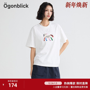 百搭圆领上衣 新款 北欧时刻白色刺绣小马设计感短袖 T恤女25年夏季