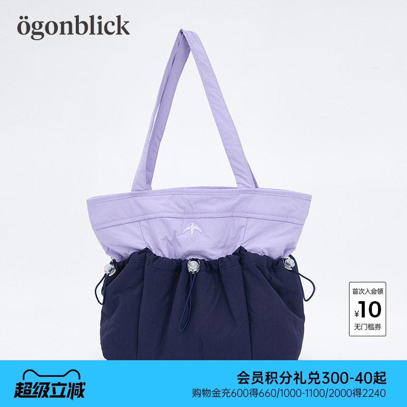 北欧时刻撞色拼接托特豆腐包女抽绳设计感大容量旅行手提单肩包包