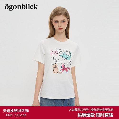 北欧时刻'动物印花字母刺绣白色T恤女夏季新款宽松简约设计感上衣