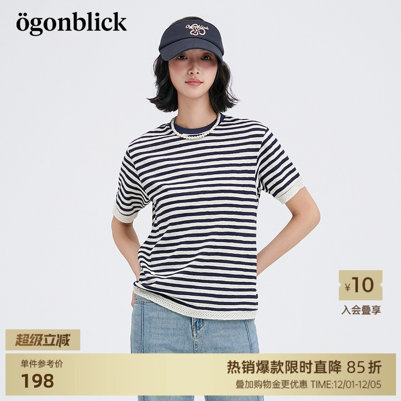 北欧时刻灰白条纹T恤女2025年夏季新款蕾丝拼接圆领短袖百搭上衣