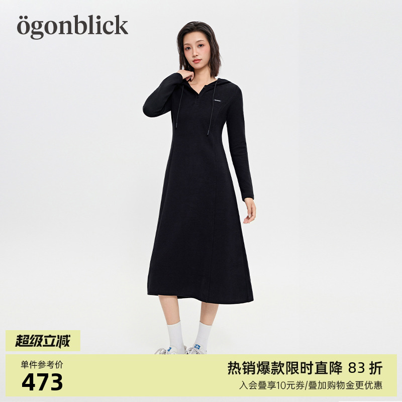商场同款]北欧时刻黑色连帽卫衣连衣裙女2025年秋冬新款A字长裙子
