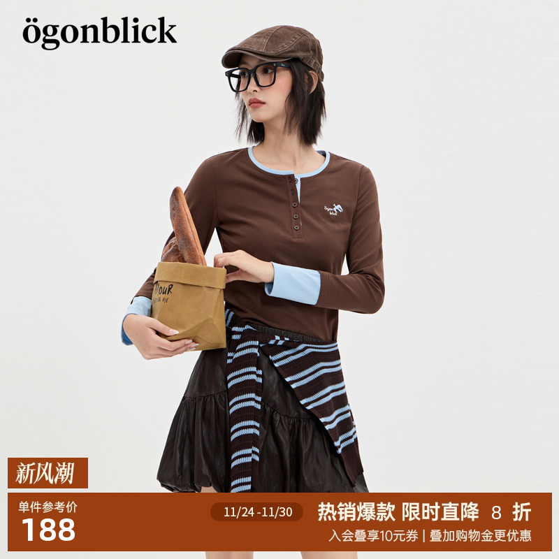 商场同款]北欧时刻逗鸭联名刺绣撞色T恤女25秋季新款美式打底上衣