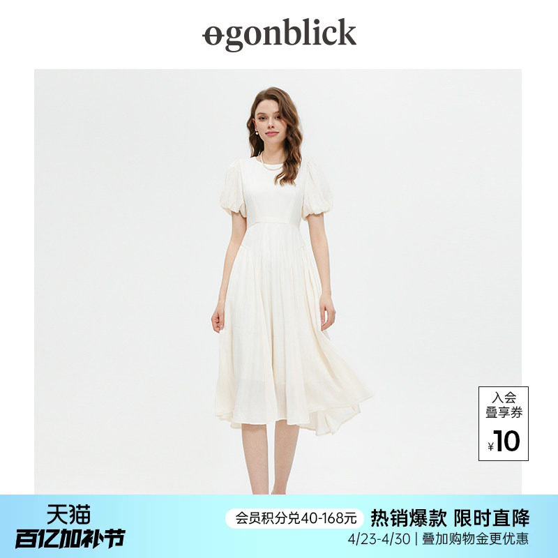 北欧时刻2026年夏新款圆领泡泡袖连衣裙女神范收腰法式优雅小白裙