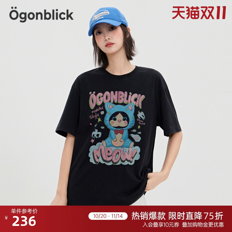 商场同款]北欧时刻逗鸭联名潮酷猫咪黑色T恤女25夏季新款萌趣上衣