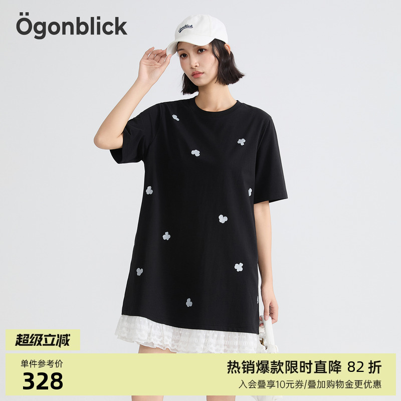 T恤拼接蕾丝花边连衣裙女