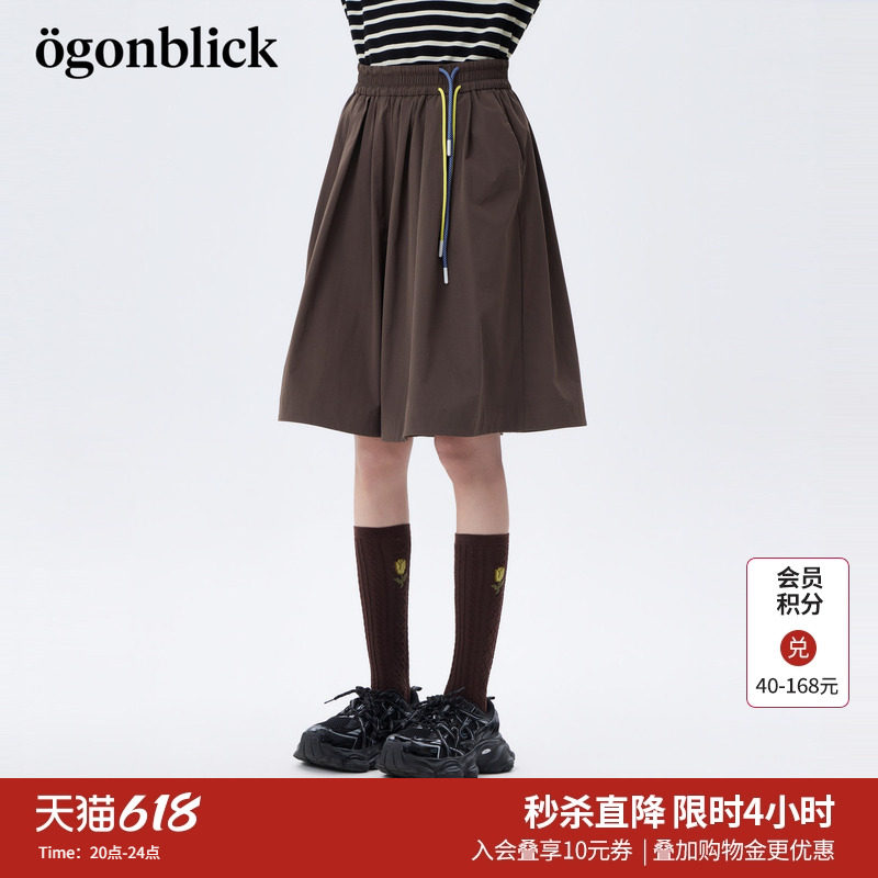 北欧时刻美式撞色抽绳咖色休闲五分裤女26年夏季新款高腰阔腿裙裤