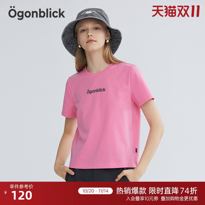 商场同款]北欧时刻正肩圆领短袖T恤女夏季设计感立体字母粉色上衣