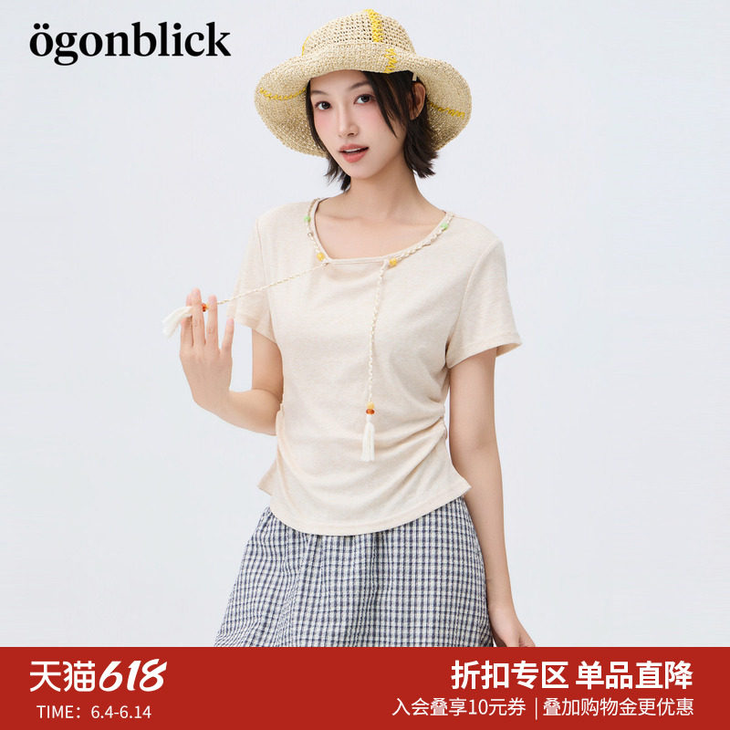 北欧时刻串珠抽绳设计针织衫女26年夏季新款修身显瘦慵懒短袖毛衣